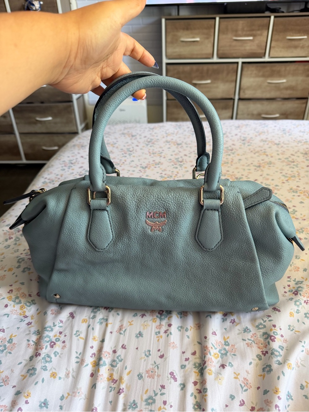 MCM Light Blue Pebbled Leather Satchel with Gold Hardware